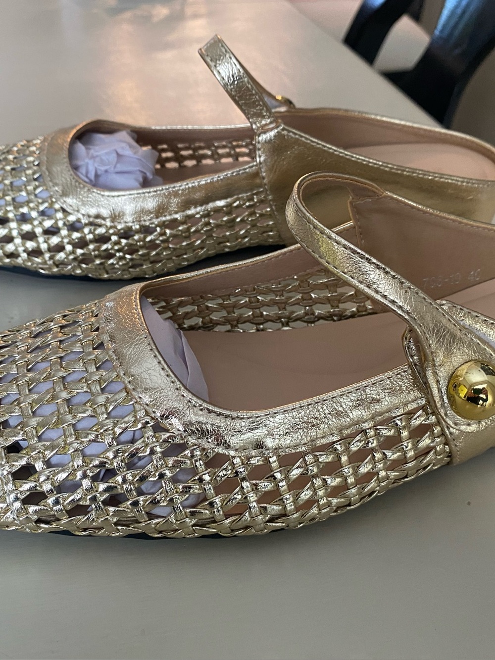 Gold Metallic Woven Mary Jane Flats